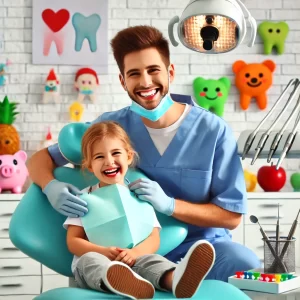 A pediatric dental clinic with a friendly dentist treating a smiling child