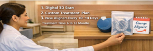 Dentist gestures to screen showing a 3D scan Animated digital smile simulation (before/after teeth alignment) Shot of new aligners packet being opened and calendar symbol flashing "Change Aligners"