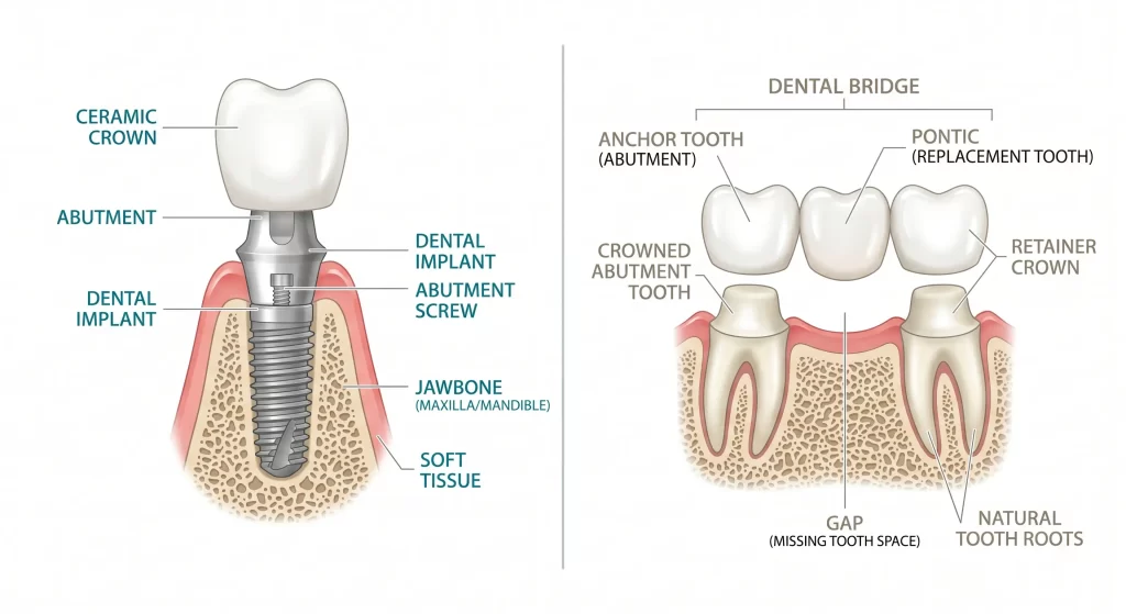 Dental implant vs bridge comparison Happy Smile Dental Clinic Chennai